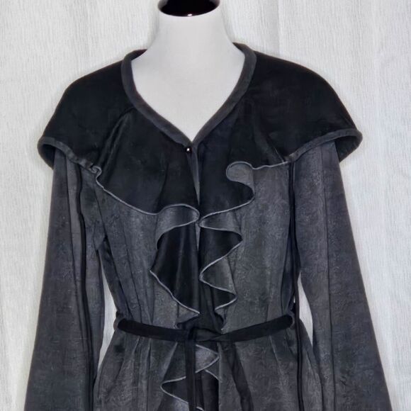 Samuel Dong Two Tone Gray Ruffle Button Front Belted Hooded Sweater Jacket Coat - Picture 2 of 13